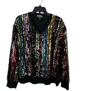 Oliver O Sweater Womens Large Black Rainbow Colorful Sequin Vneck Shimmer